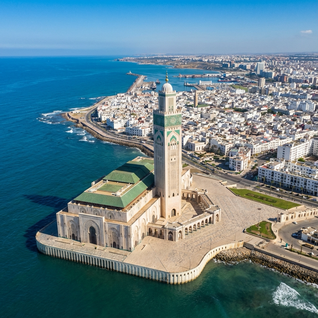 Vue aérienne de Casablanca et Mosquée Hassan II - Transit Maritime
